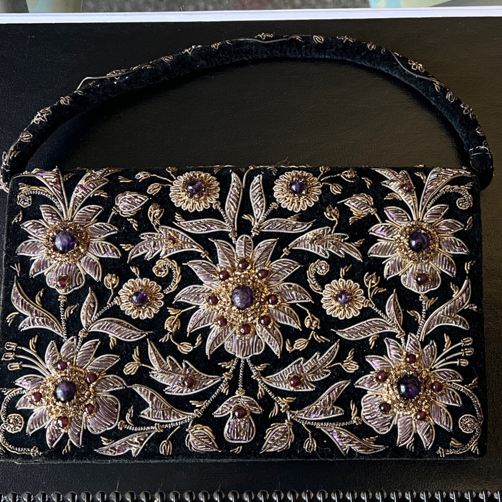 Black Velvet Gold Embroidery Semi-precious Gemstones Clutch